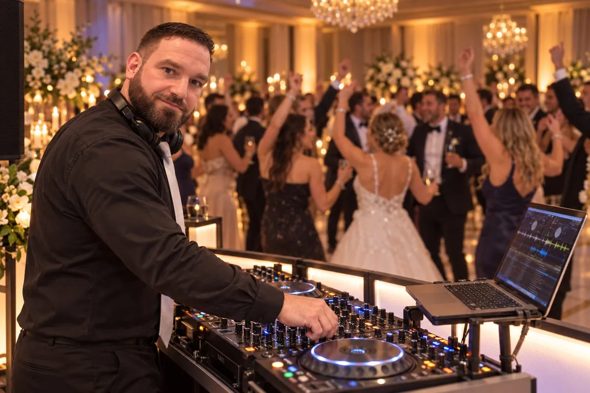 Your Nightlife Entertainment DJ at the decks while guests dance