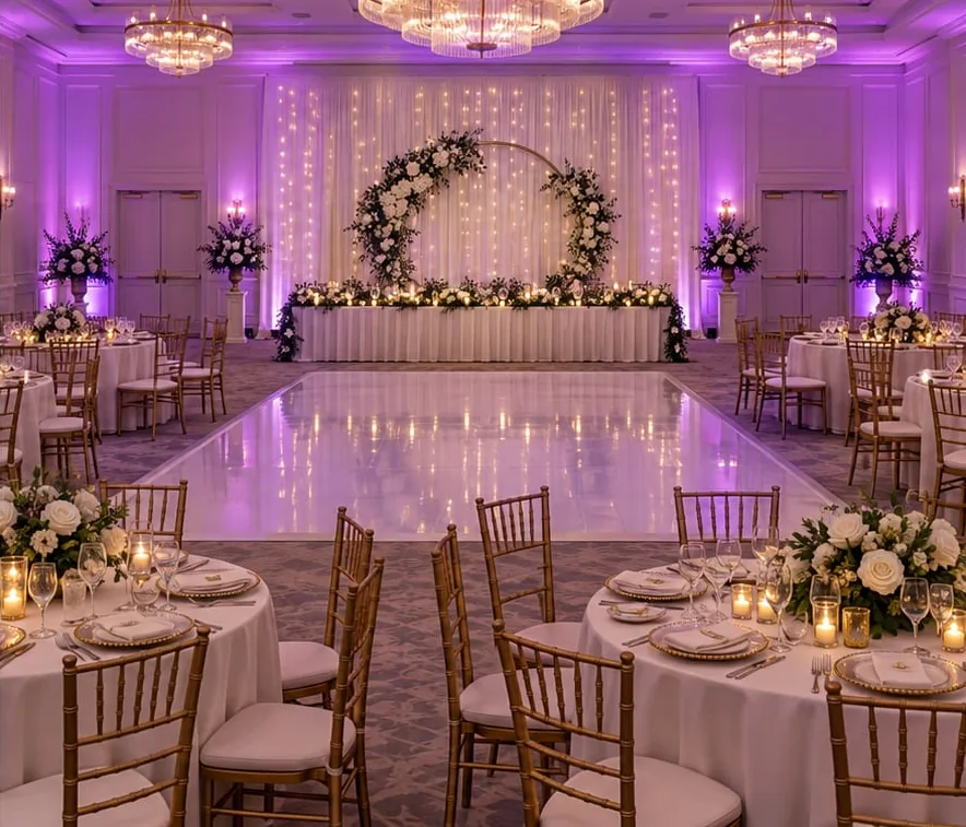 Wedding venue lit with purple uplighting