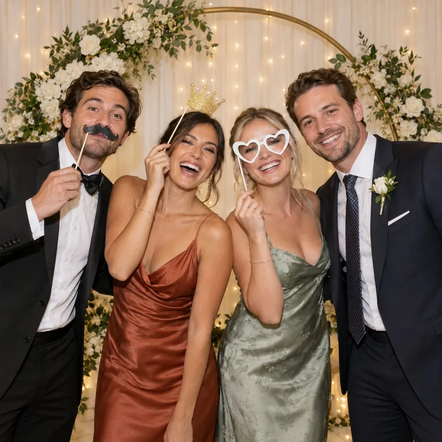 Wedding guests posing with props at the photobooth